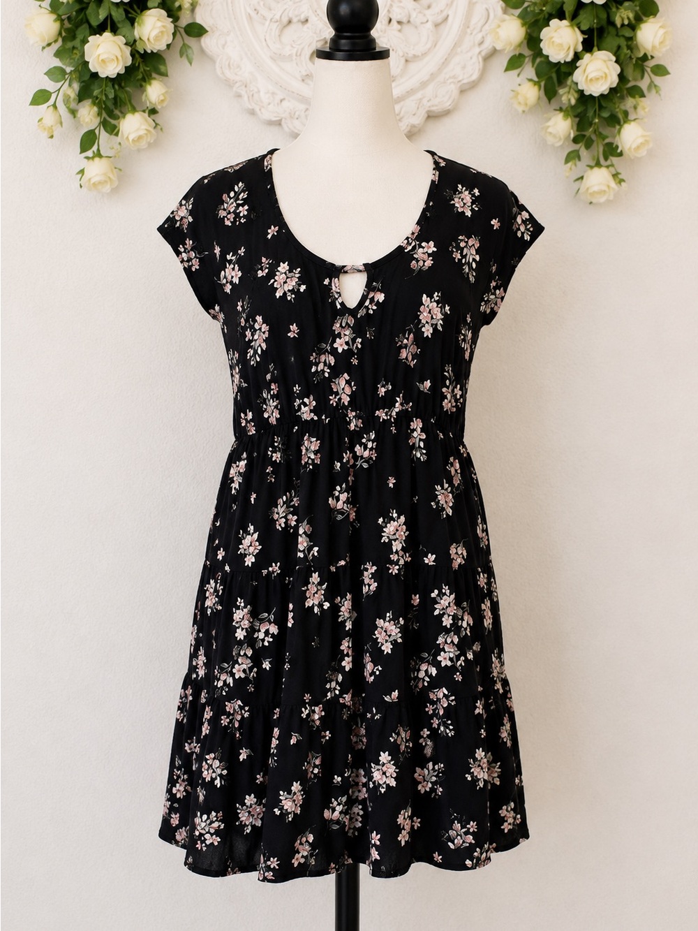 No Boundaries • Black Pink Floral Tiered Babydoll Dress Short Sleeve